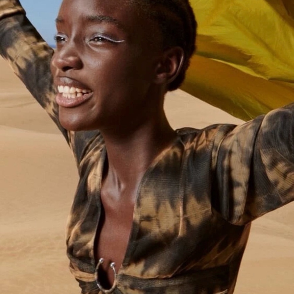 ZARA Women’s Dress Multicolor Print Tulle V-Neck Long Sleeves Ring Detail